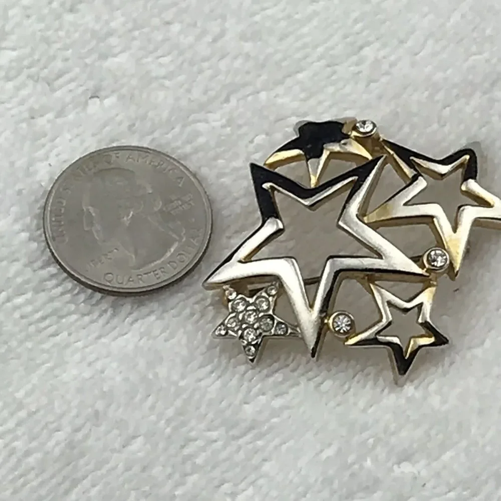 Stars Pin Brooch Gold Tone Jeweled